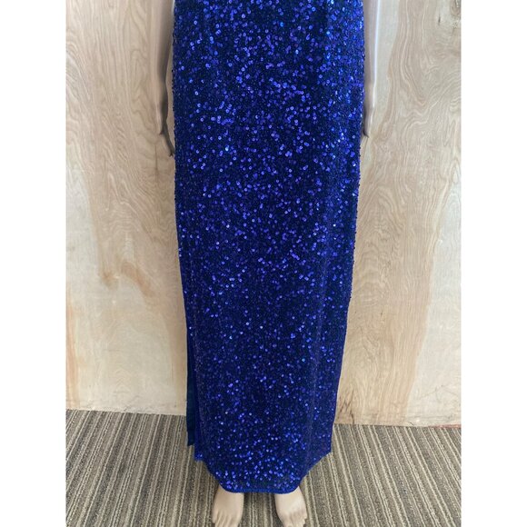 1990s Scala Royal Blue Sequin One Shoulder Gown Open Back Evening Dress Sz M - Picture 10 of 16